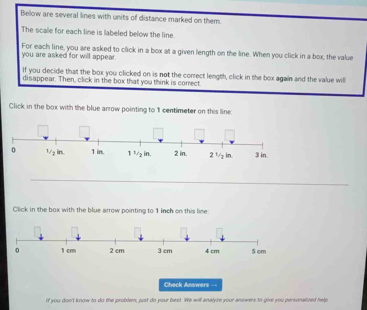 below are several lines with units of distance marked on them. the scal…