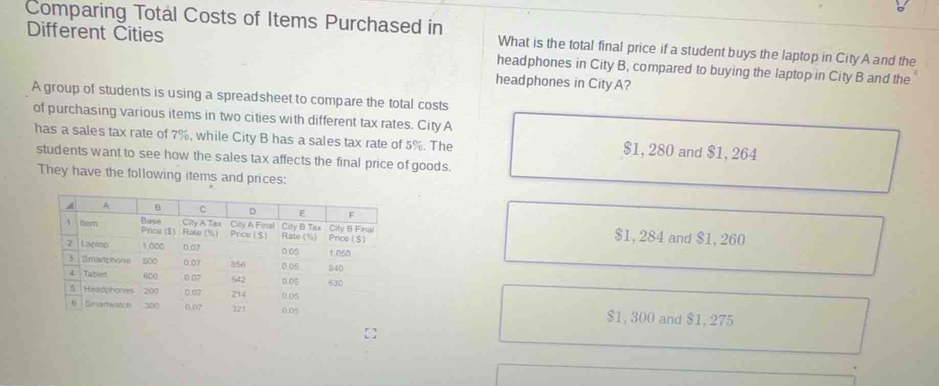 comparing total costs of items purchased in different cities a group of…