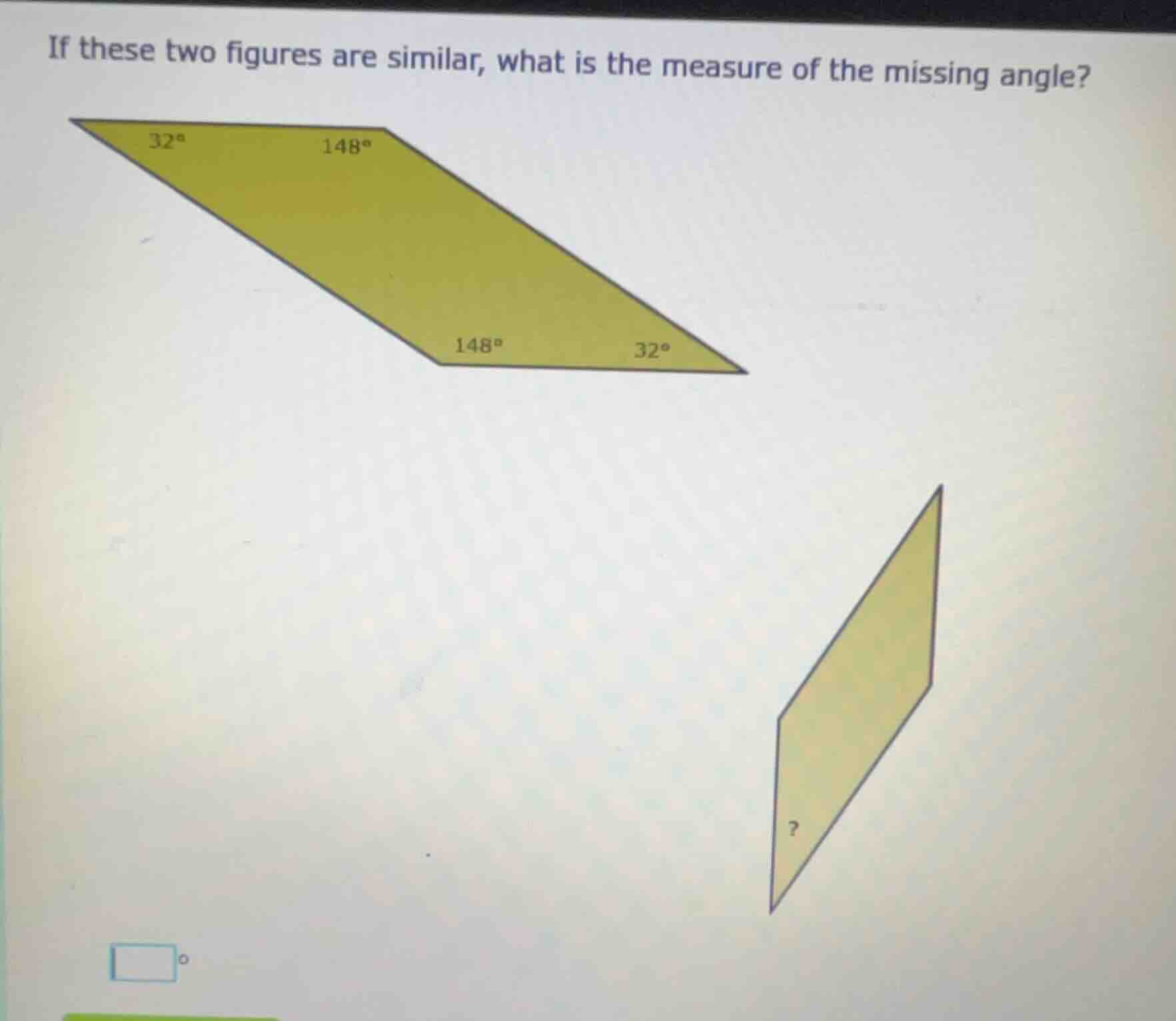 if these two figures are similar, what is the measure of the missing an…