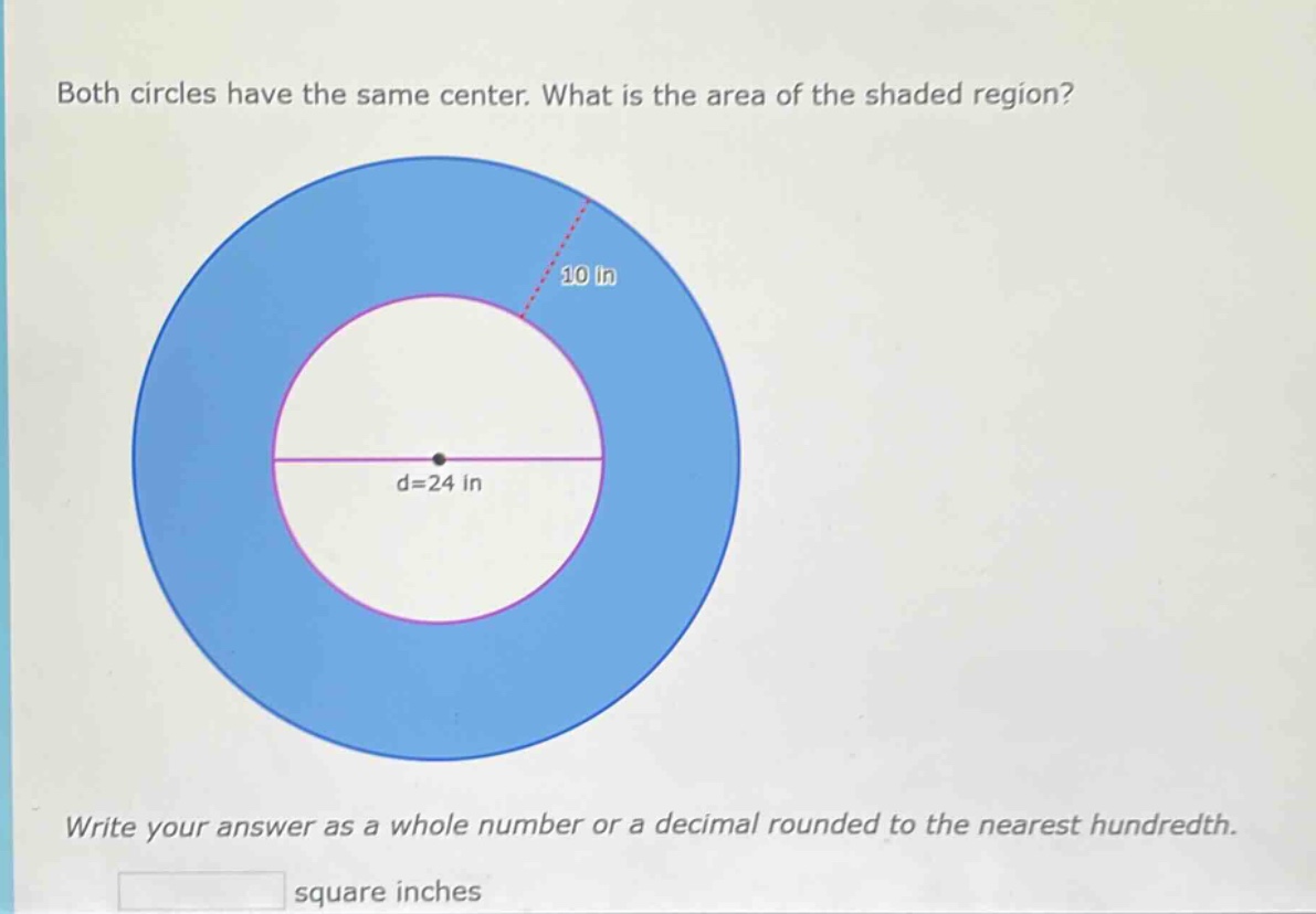 both circles have the same center. what is the area of the shaded regio…