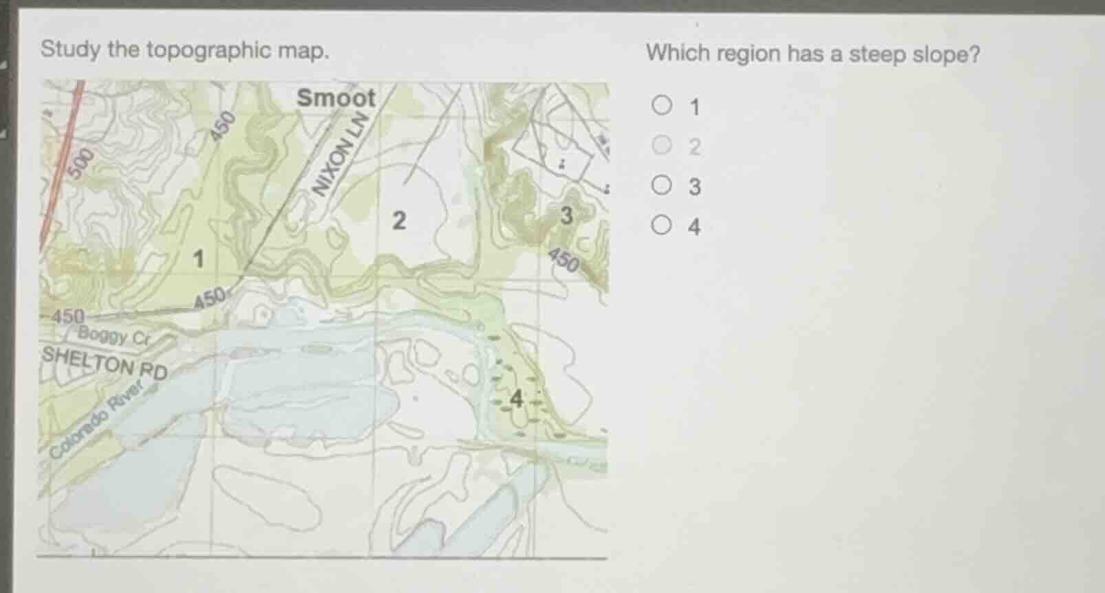study the topographic map. which region has a steep slope? 1 ○ 2 ○ 3 ○ …