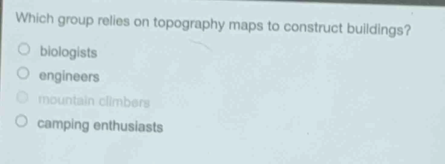 which group relies on topography maps to construct buildings? biologist…