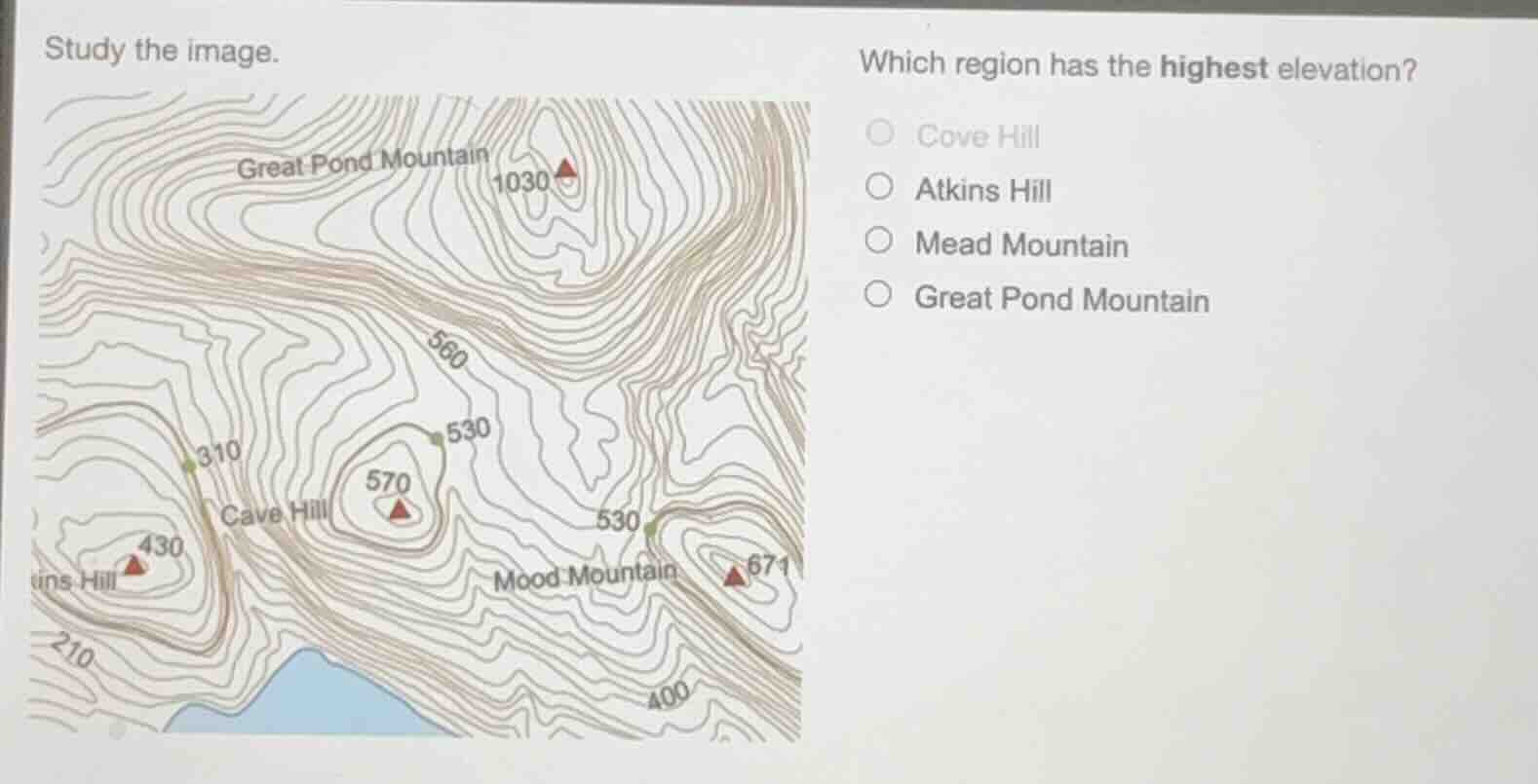 study the image. which region has the highest elevation? ○ cove hill ○ …