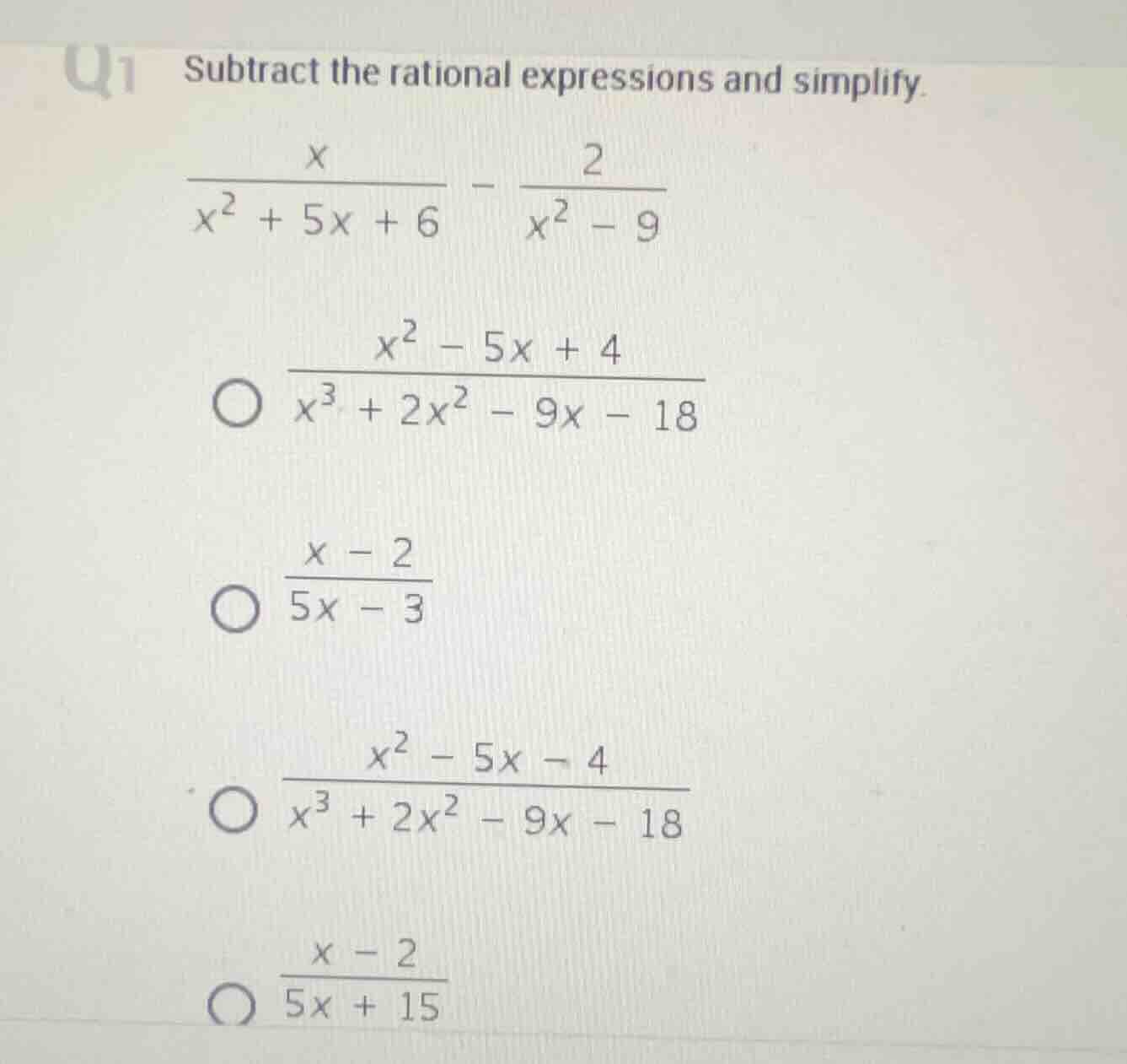 q1 subtract the rational expressions and simplify. \\(\frac{x}{x^2 + 5x…
