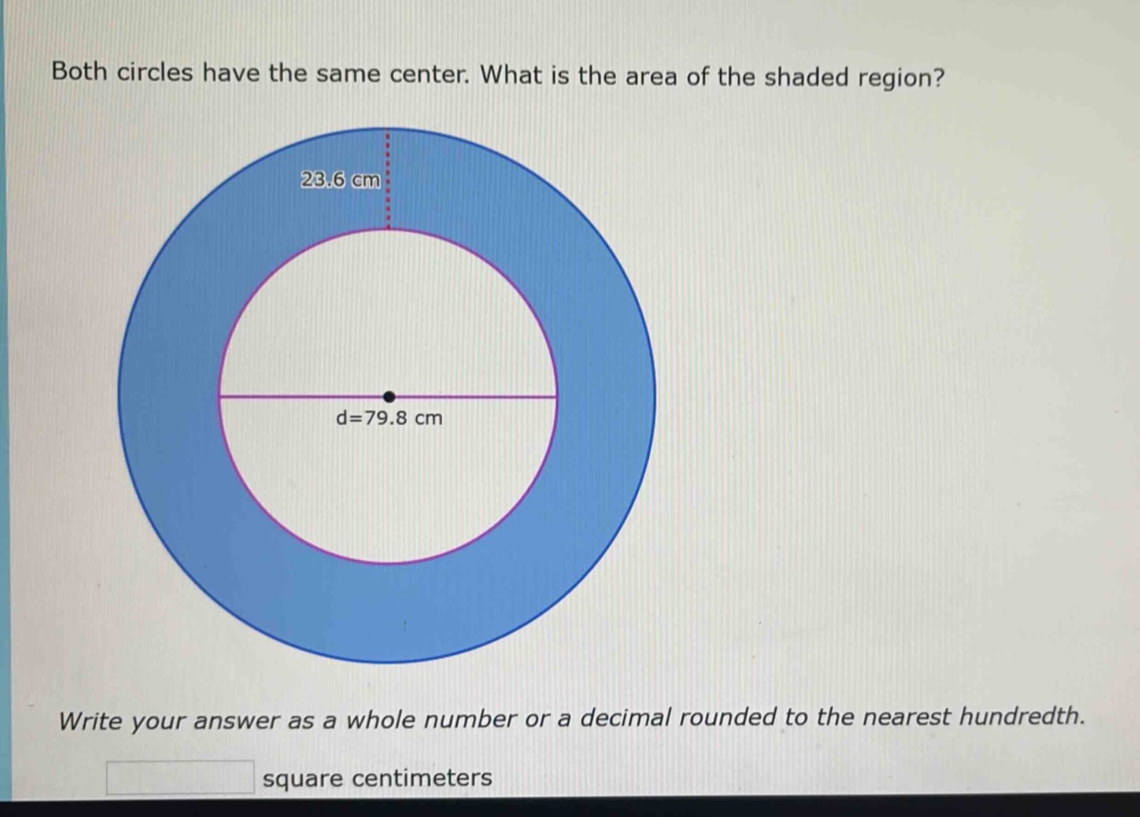 both circles have the same center. what is the area of the shaded regio…
