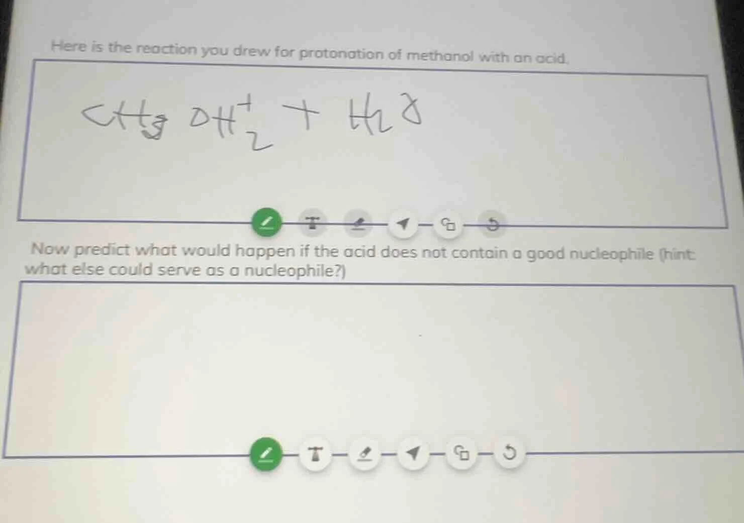 here is the reaction you drew for protonation of methanol with an acid.…
