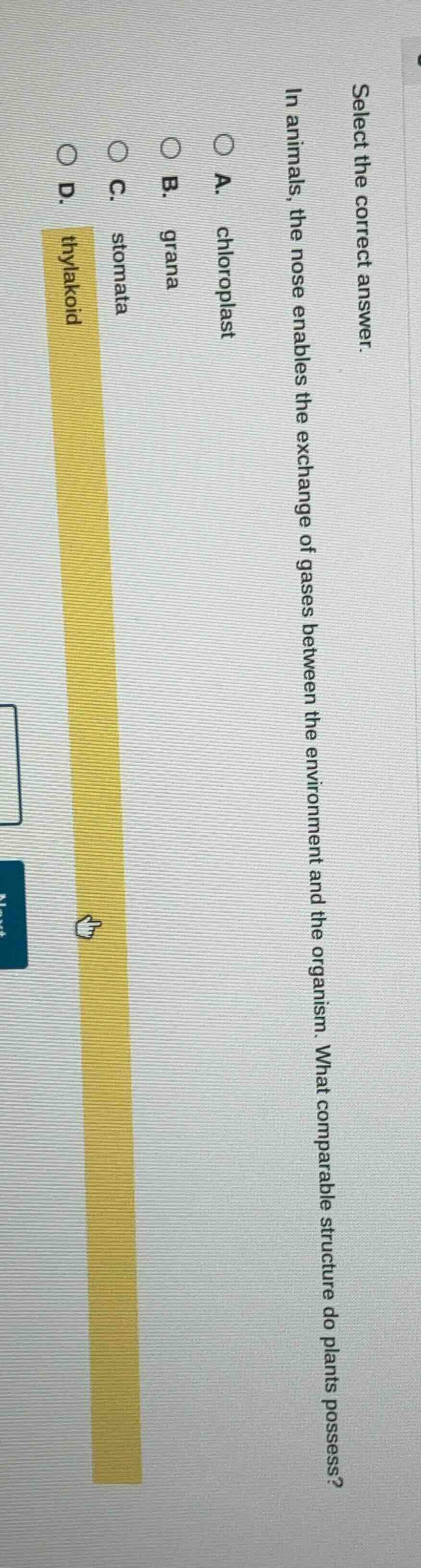 select the correct answer. in animals, the nose enables the exchange of…