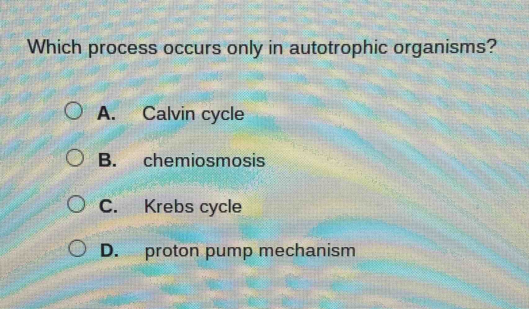 which process occurs only in autotrophic organisms? a. calvin cycle b. …