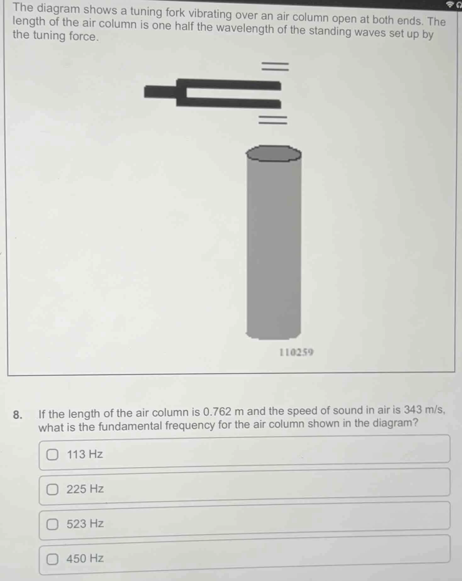 the diagram shows a tuning fork vibrating over an air column open at bo…