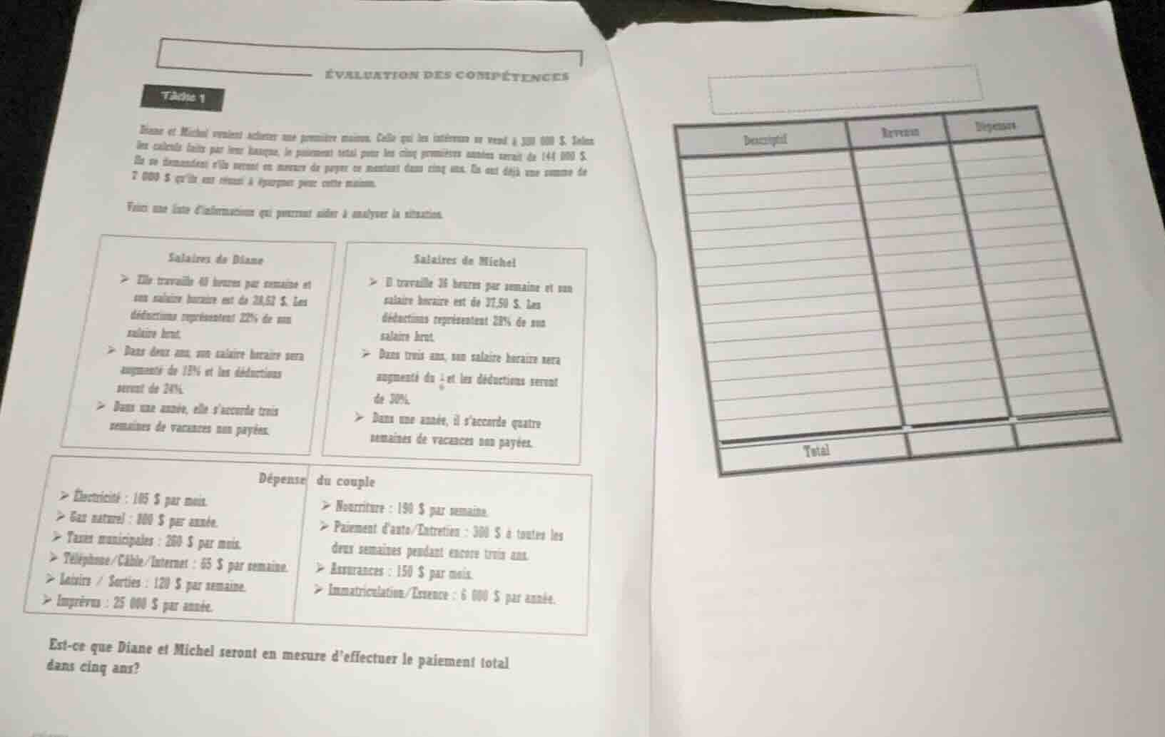 évaluation des compétences table 1 diane et michel veulent acheter une …