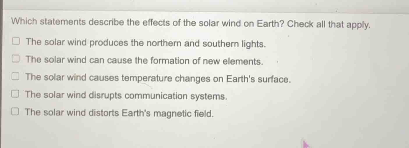 which statements describe the effects of the solar wind on earth? check…