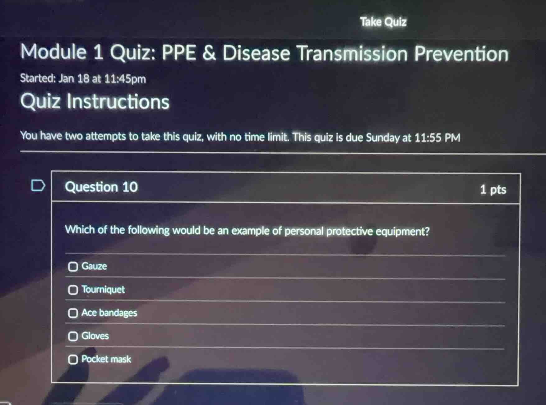 module 1 quiz: ppe & disease transmission prevention started: jan 18 at…