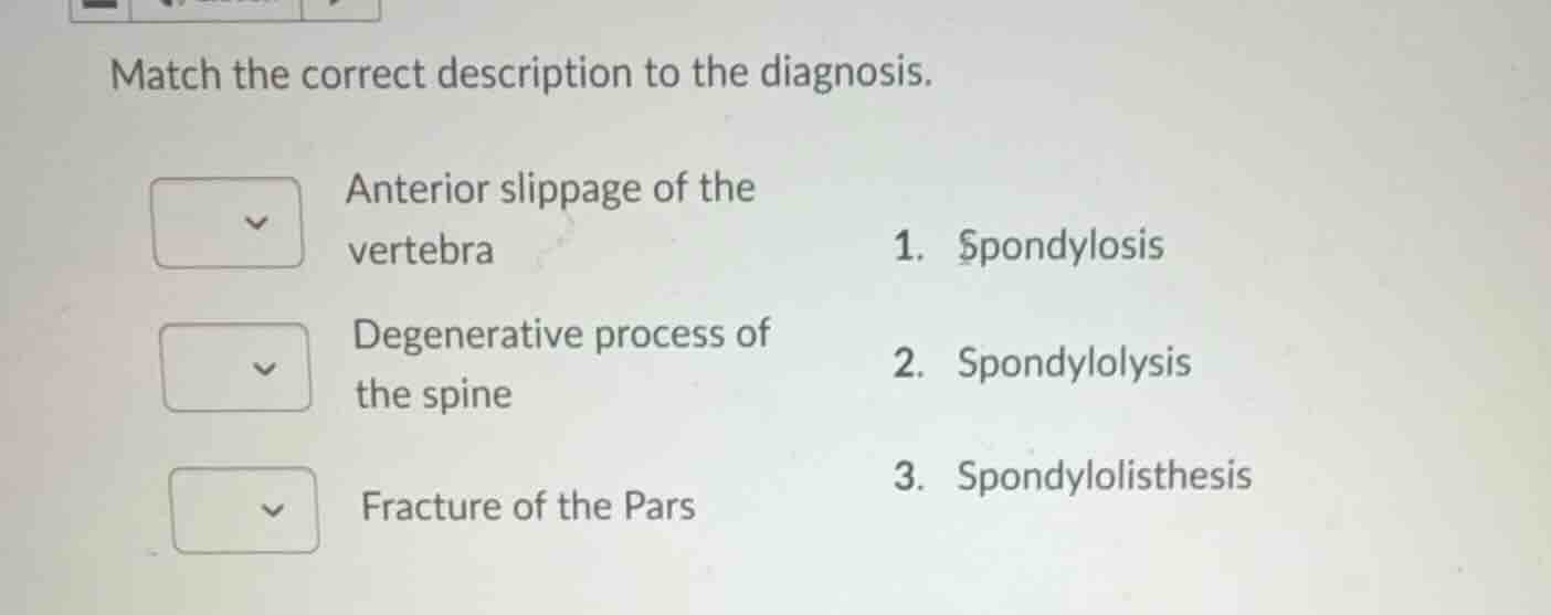 match the correct description to the diagnosis. anterior slippage of th…