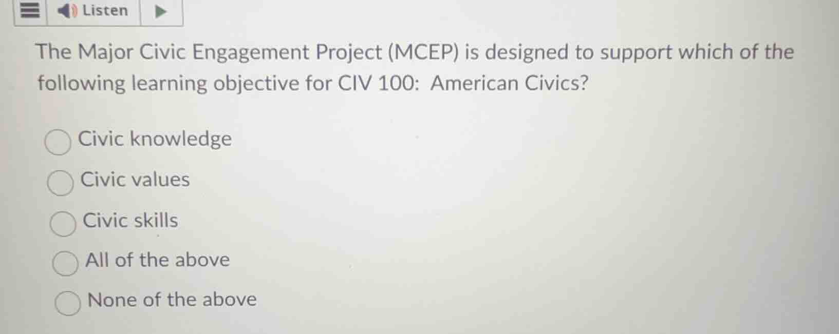 the major civic engagement project (mcep) is designed to support which …