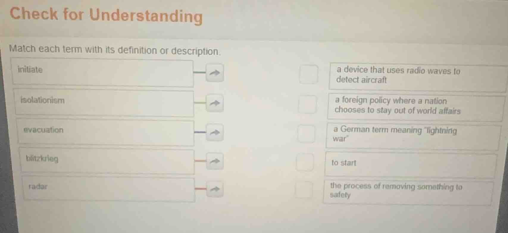 check for understanding match each term with its definition or descript…