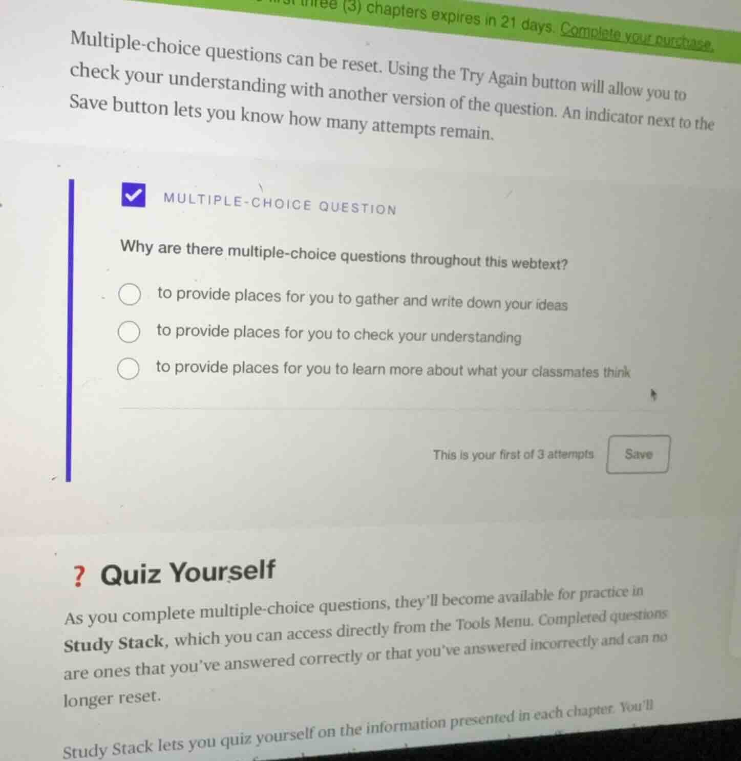 multiple-choice questions can be reset. using the try again button will…