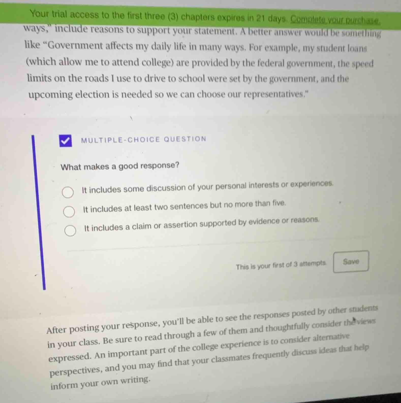 your trial access to the first three (3) chapters expires in 21 days. c…