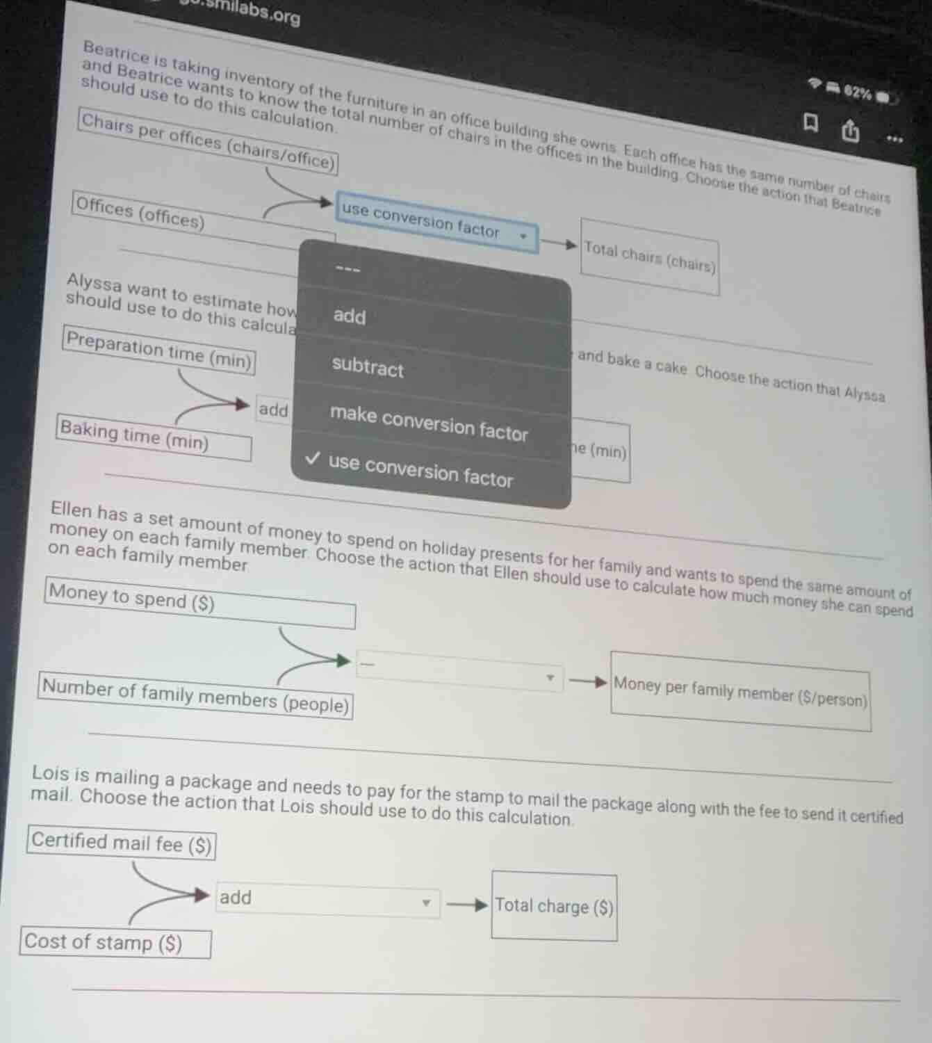 beatrice is taking inventory of the furniture in an office building she…