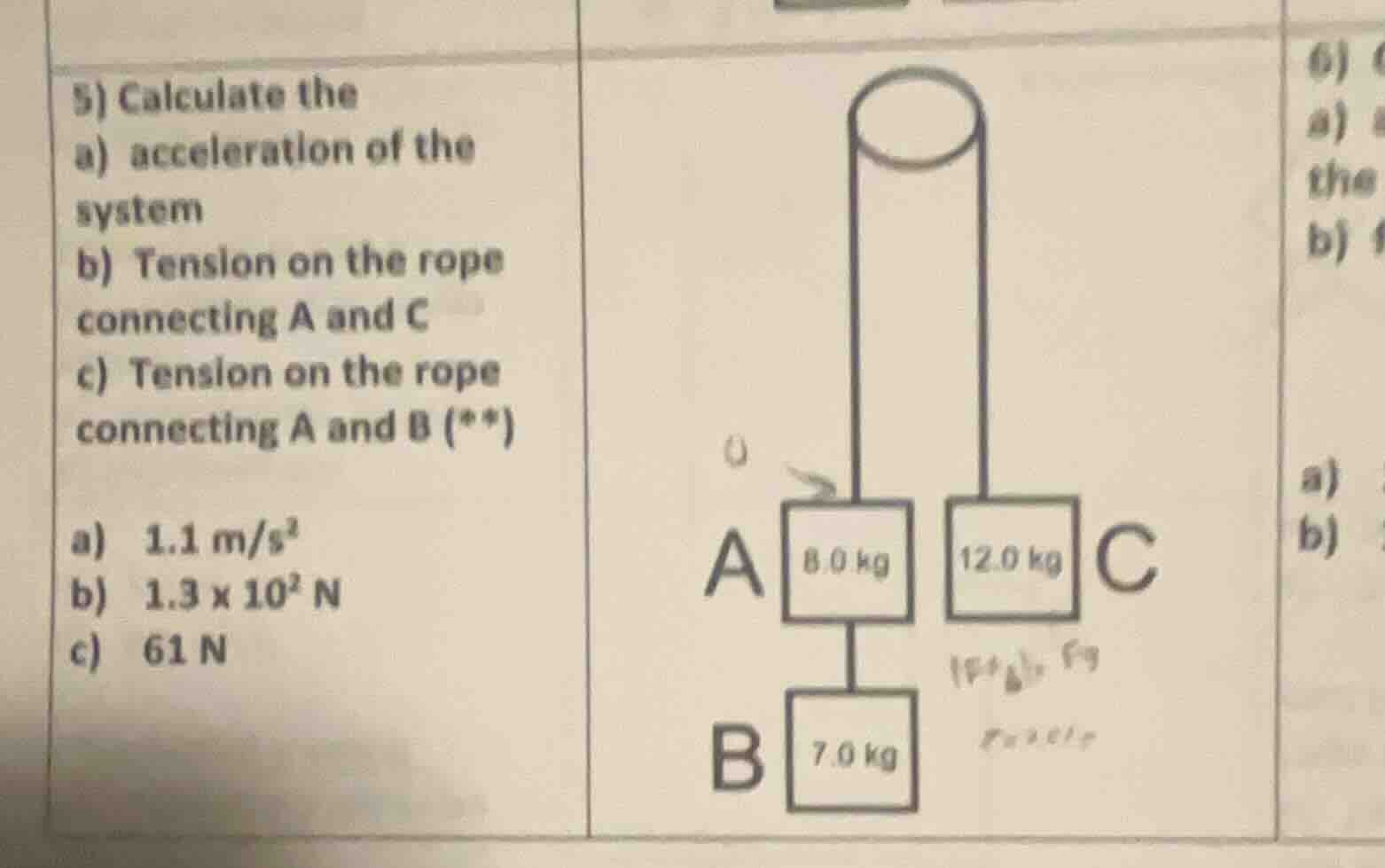 5) calculate the a) acceleration of the system b) tension on the rope c…