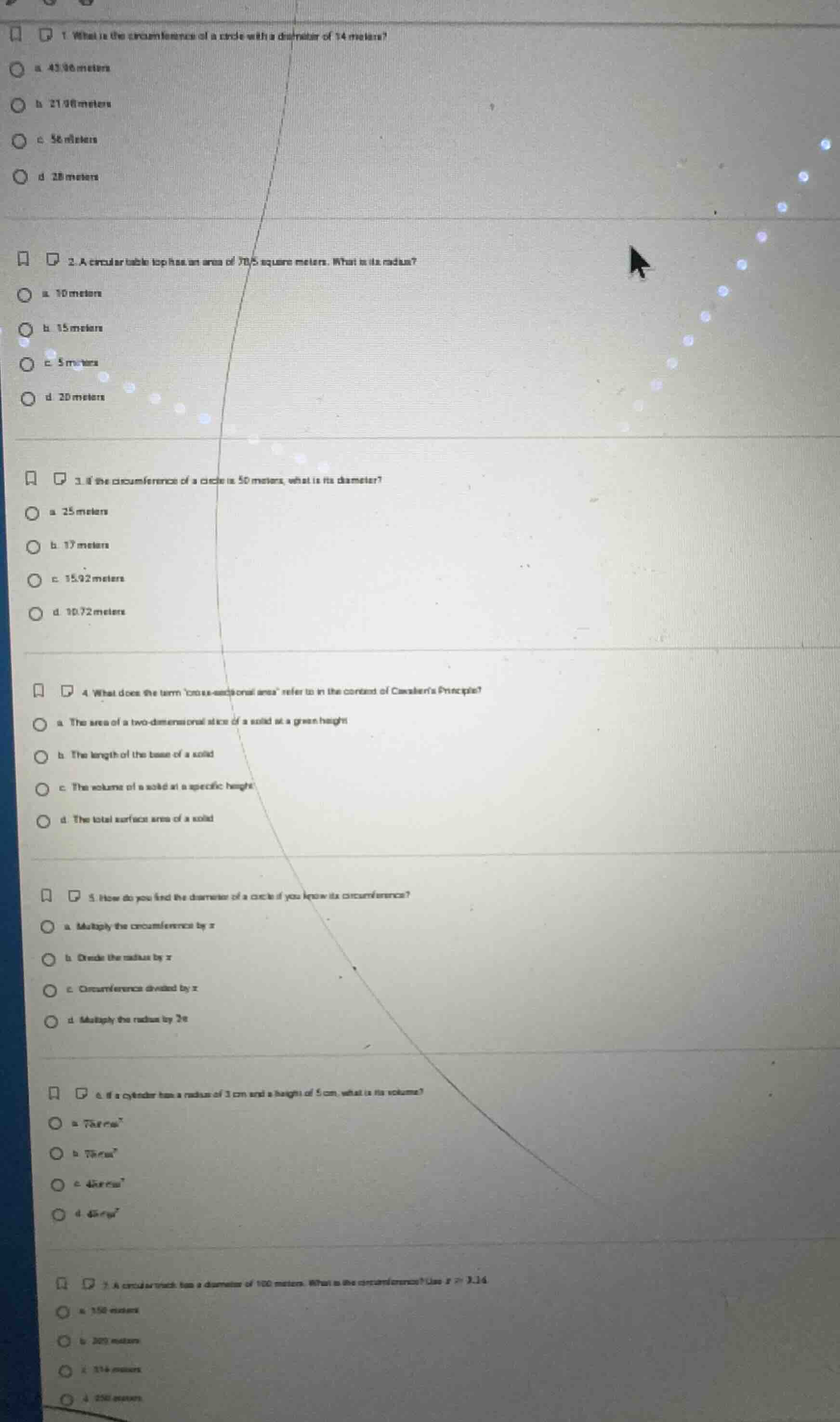 1 what is the circumference of a circle with a diameter of 14 meters? a…