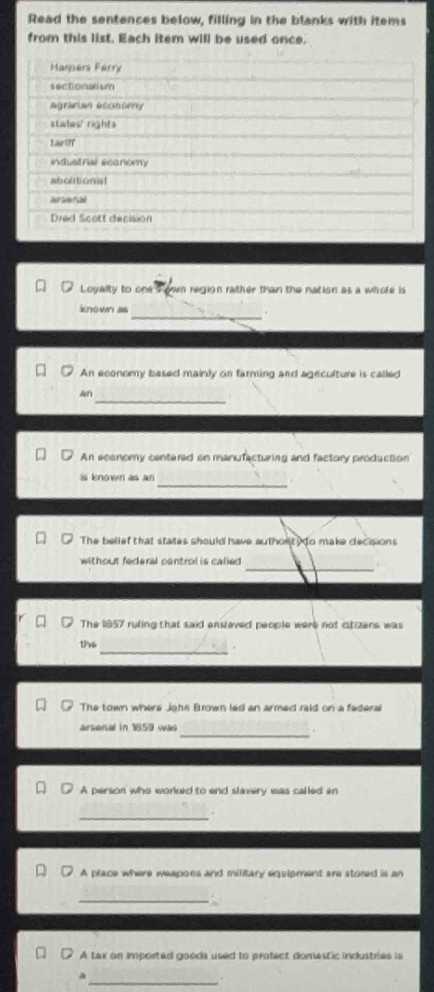 read the sentences below, filling in the blanks with items from this li…