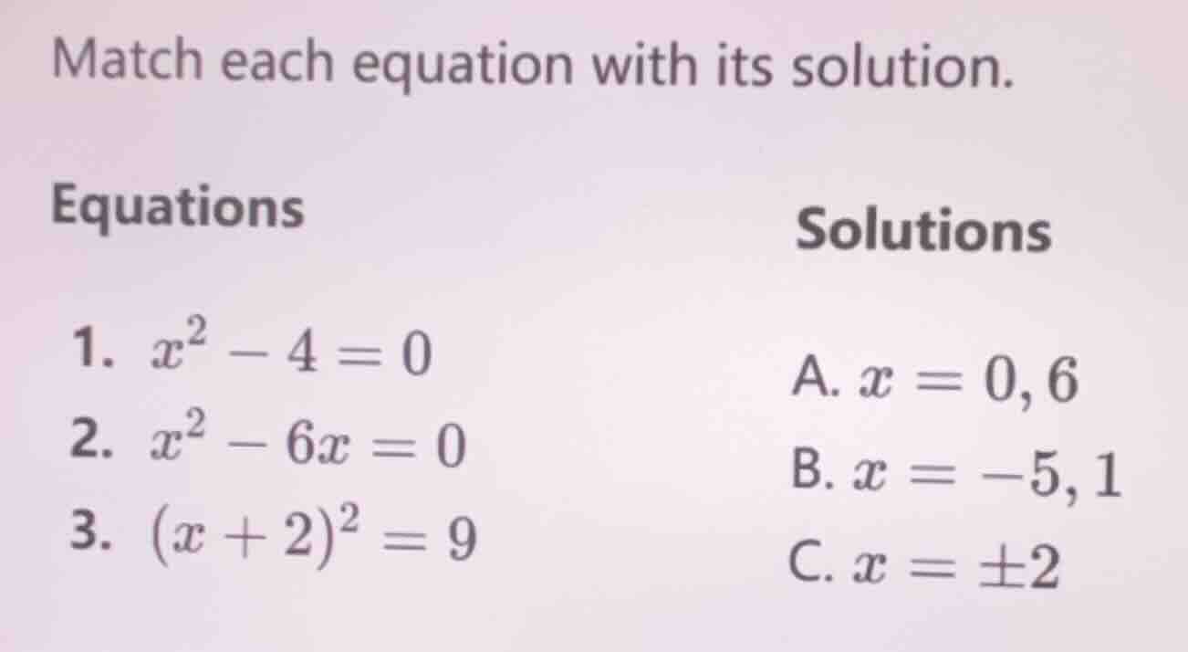 match each equation with its solution. equations 1. $x^2 - 4 = 0$ 2. $x…