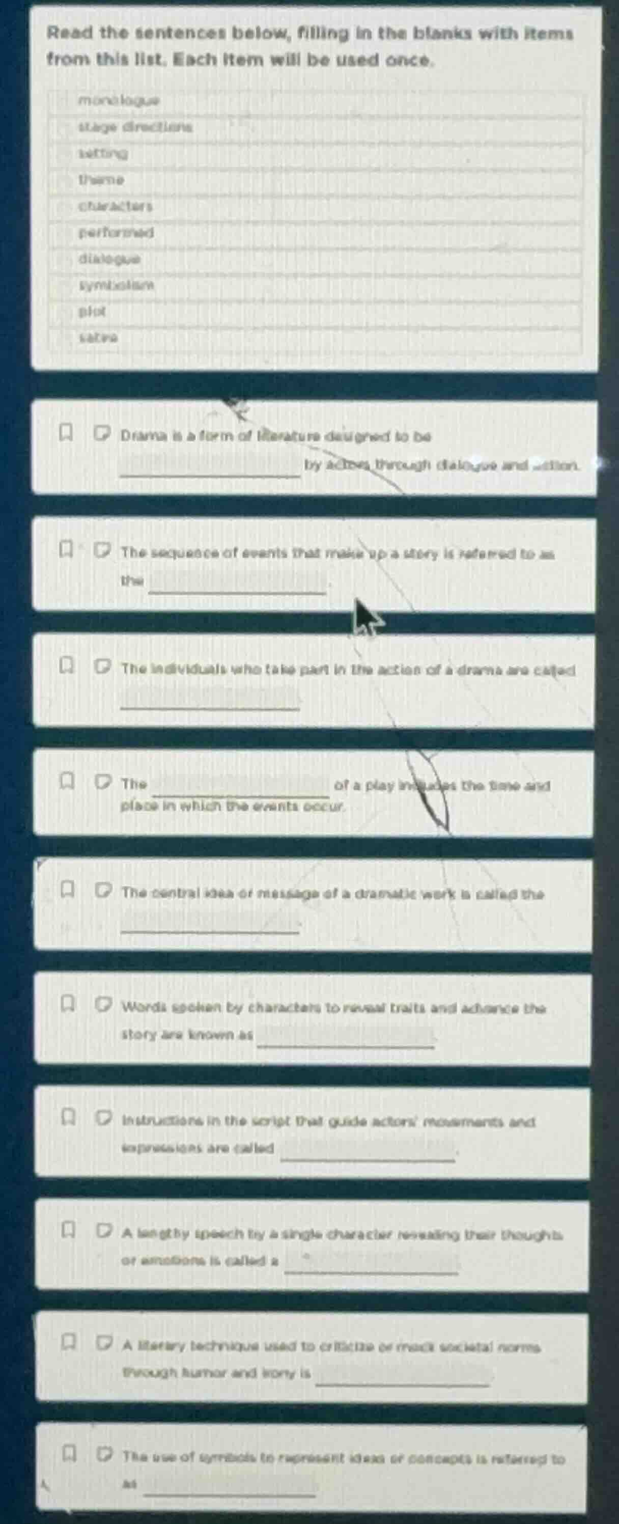 read the sentences below, filling in the blanks with items from this li…