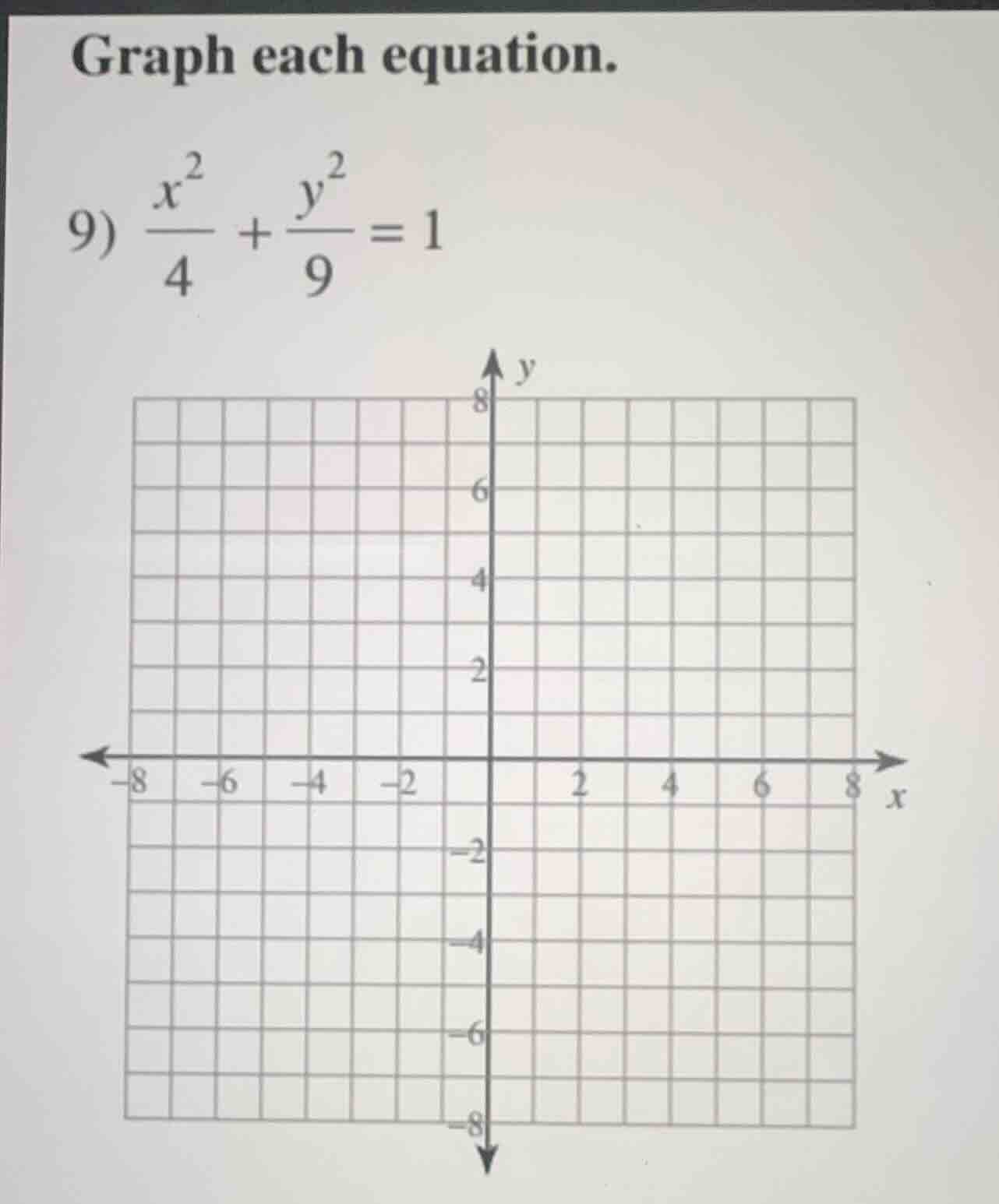 graph each equation. 9) \\(\\frac{x^2}{4} + \\frac{y^2}{9} = 1\\)