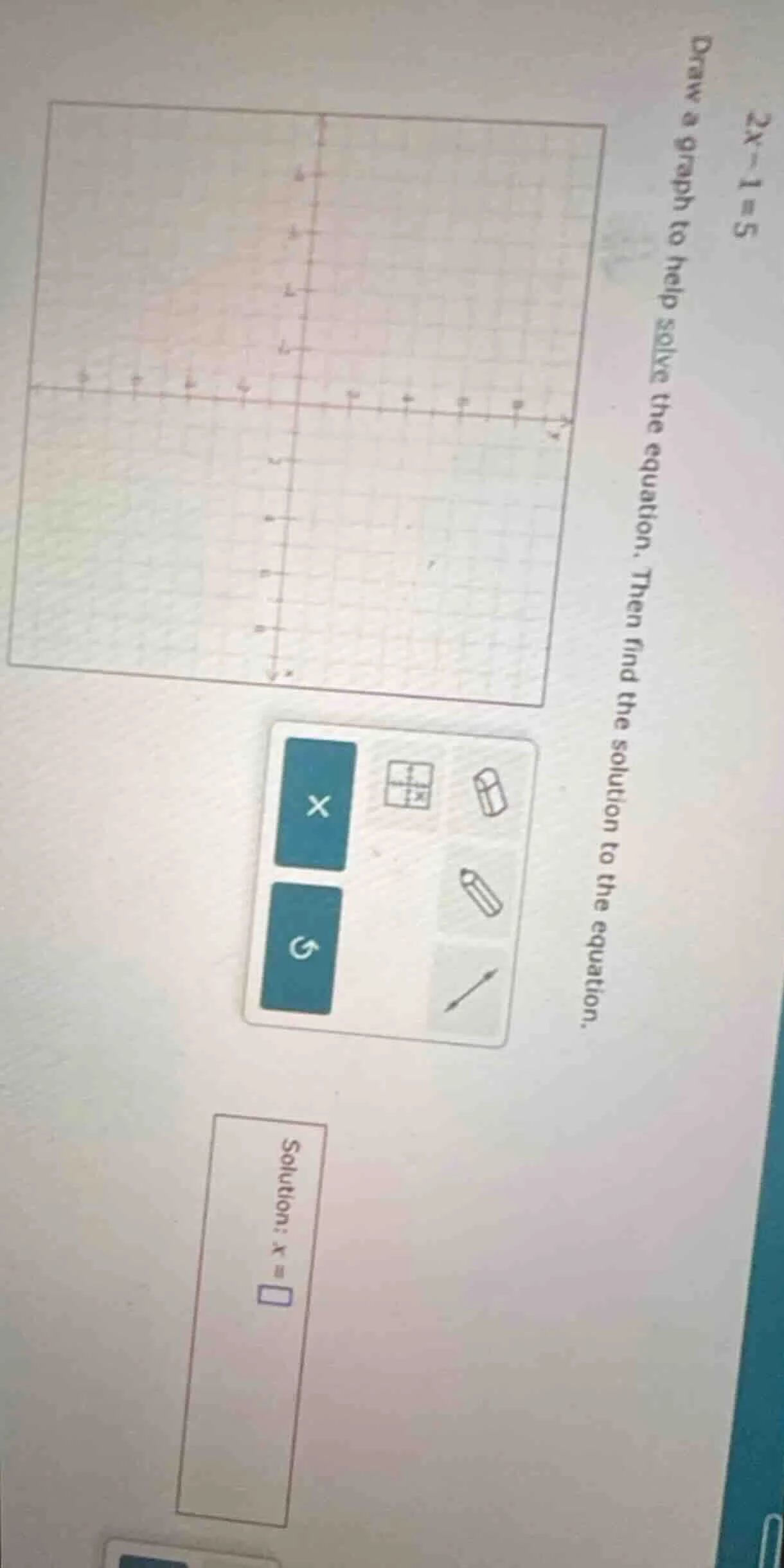 2x - 1 = 5 draw a graph to help solve the equation. then find the solut…