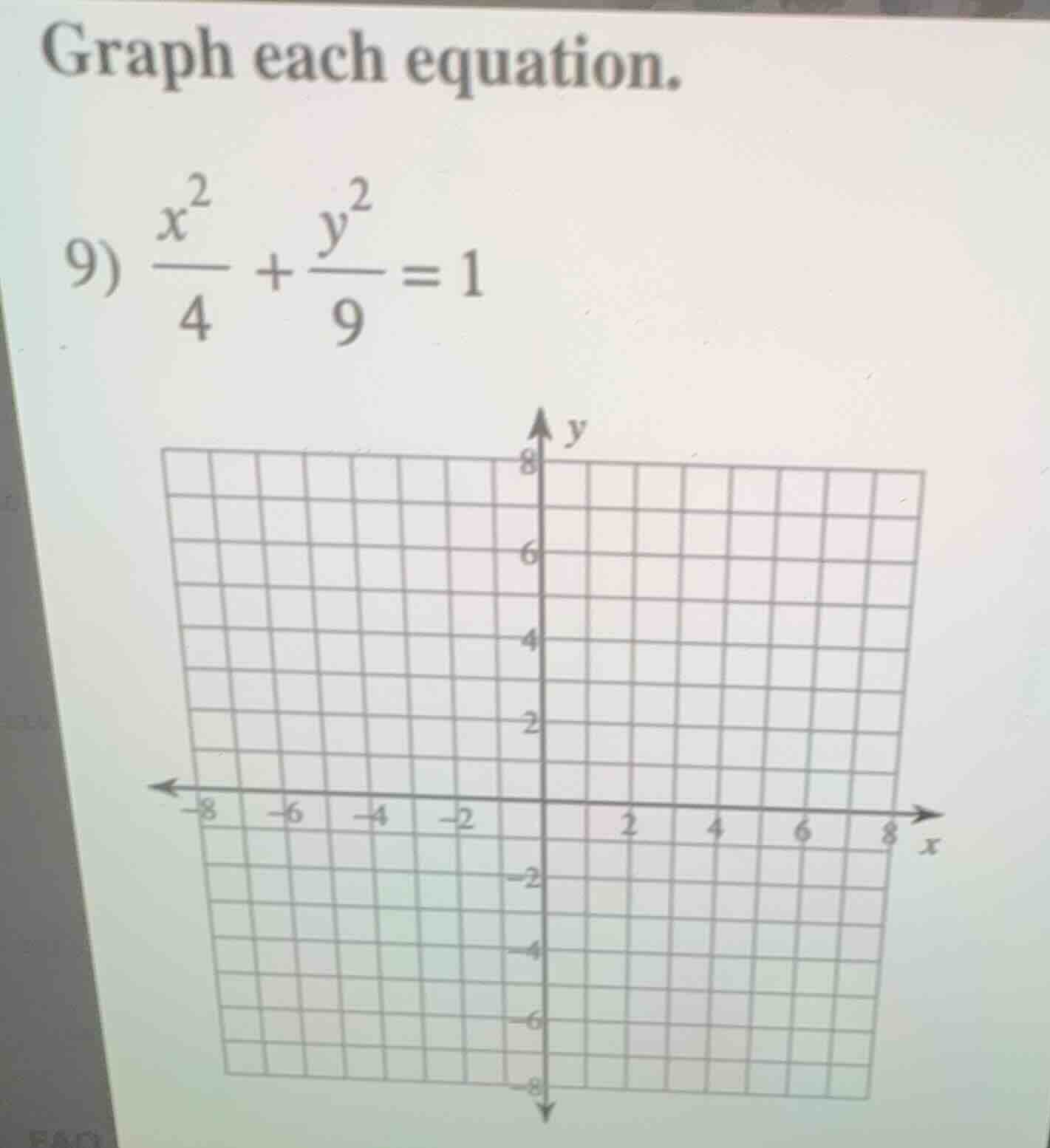 graph each equation. 9) \\(\\frac{x^2}{4} + \\frac{y^2}{9} = 1\\)