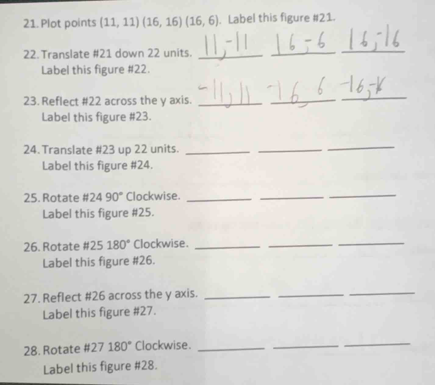 21. plot points (11, 11) (16, 16) (16, 6). label this figure #21. 22. t…