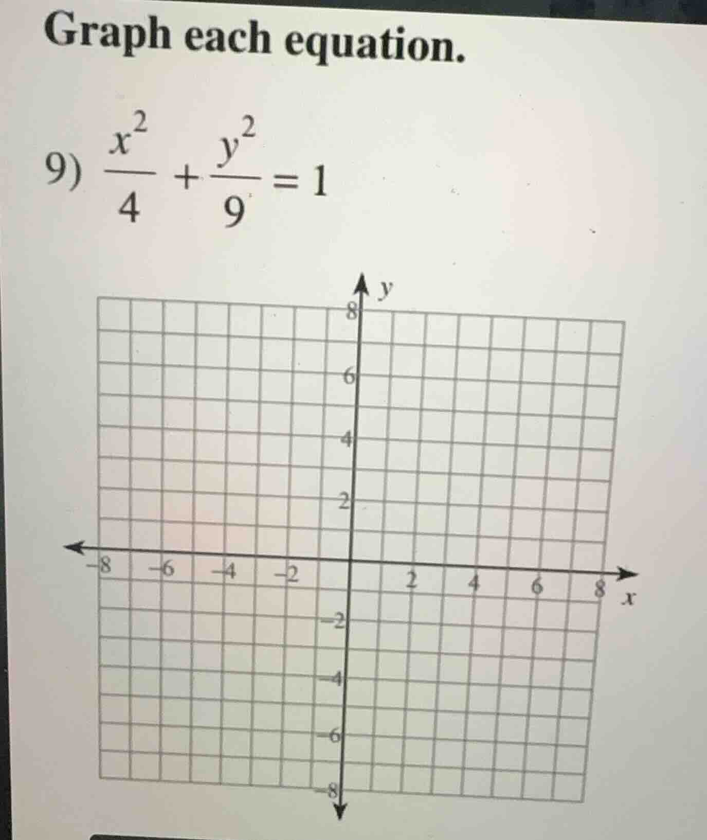 graph each equation. 9) \\(\\frac{x^2}{4} + \\frac{y^2}{9} = 1\\)