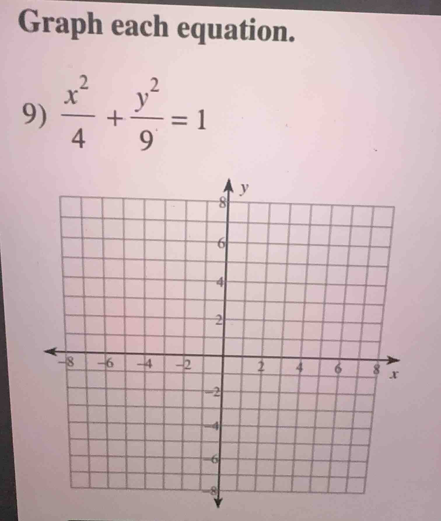 graph each equation. 9) \\(\\frac{x^2}{4} + \\frac{y^2}{9} = 1\\)