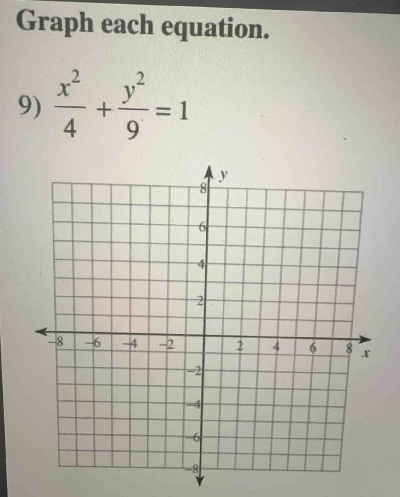 graph each equation. 9) \\(\\frac{x^2}{4} + \\frac{y^2}{9} = 1\\)
