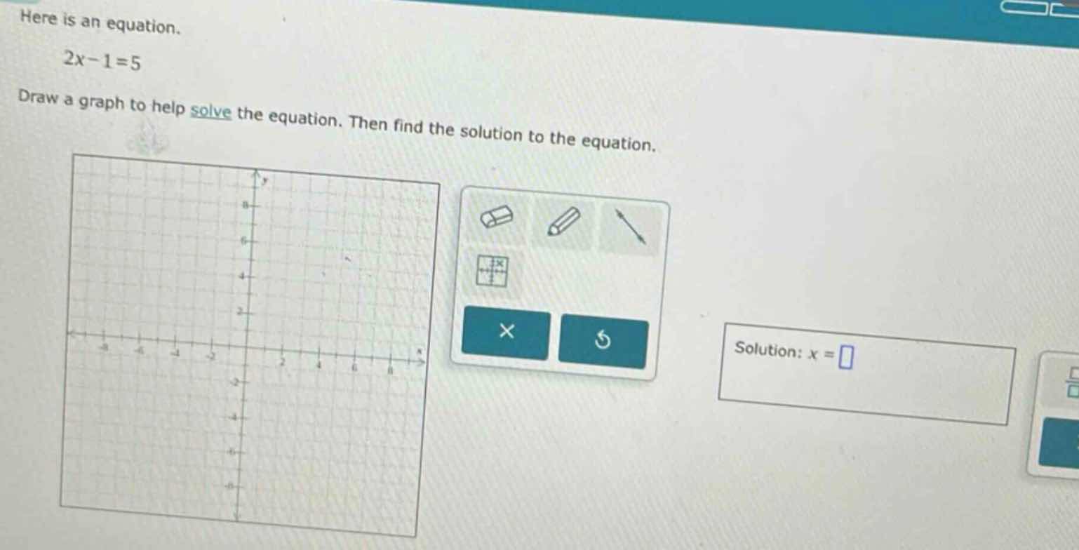 here is an equation. 2x - 1 = 5 draw a graph to help solve the equation…