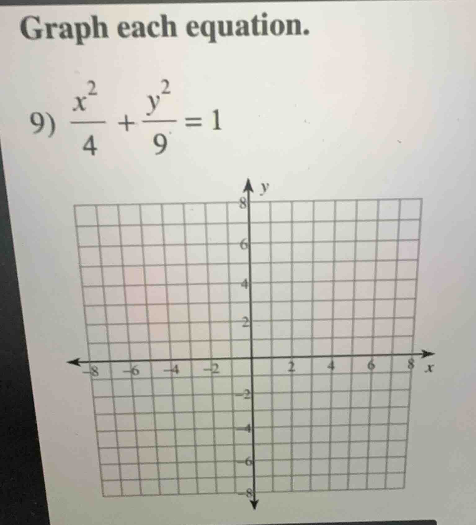 graph each equation. 9) \\(dfrac{x^2}{4} + dfrac{y^2}{9} = 1\\)