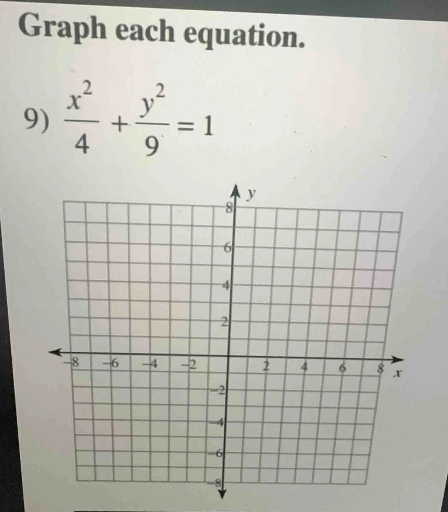 graph each equation. 9) \\(\\frac{x^2}{4} + \\frac{y^2}{9} = 1\\)