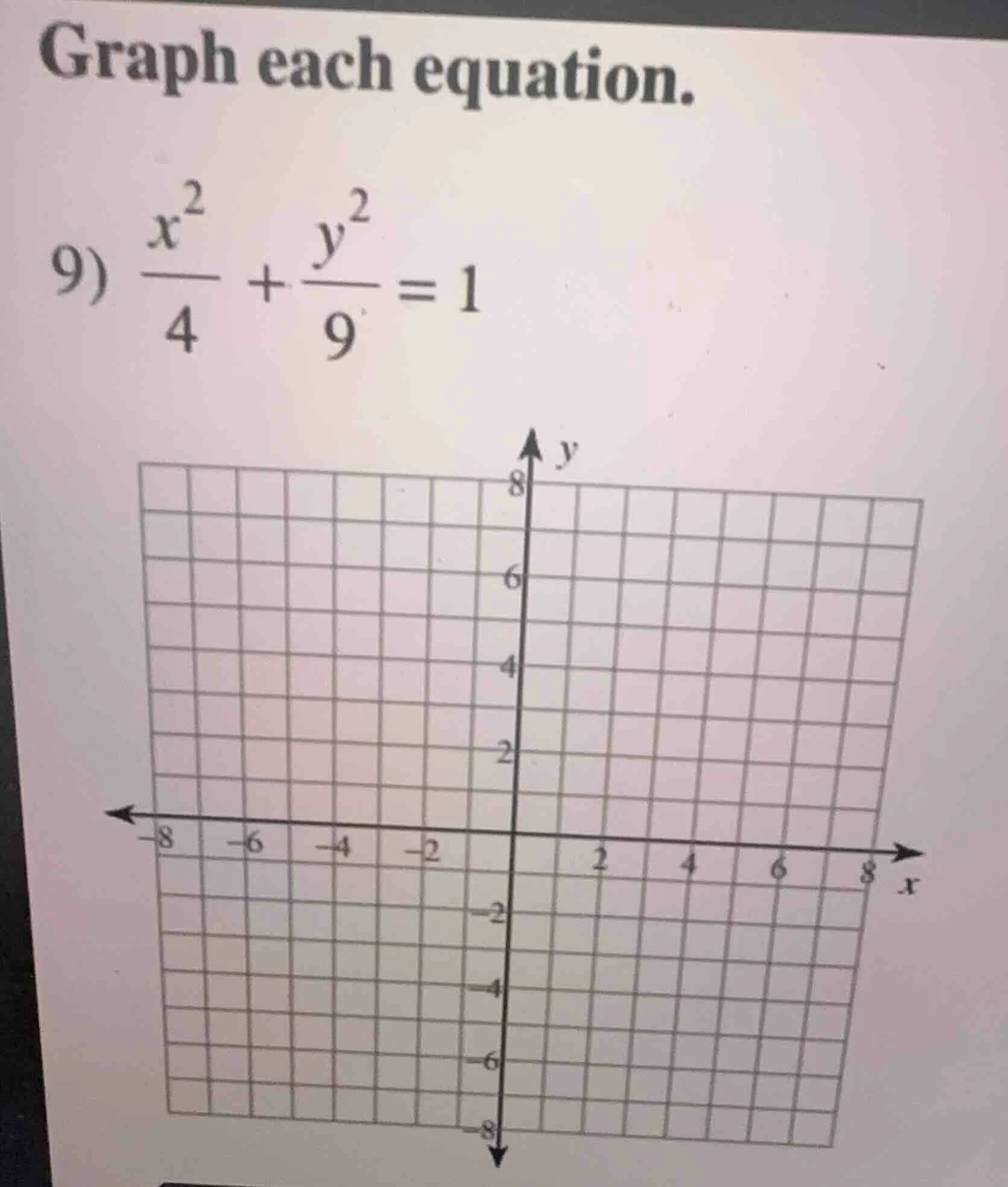 graph each equation. 9) \\(\\frac{x^2}{4} + \\frac{y^2}{9} = 1\\)