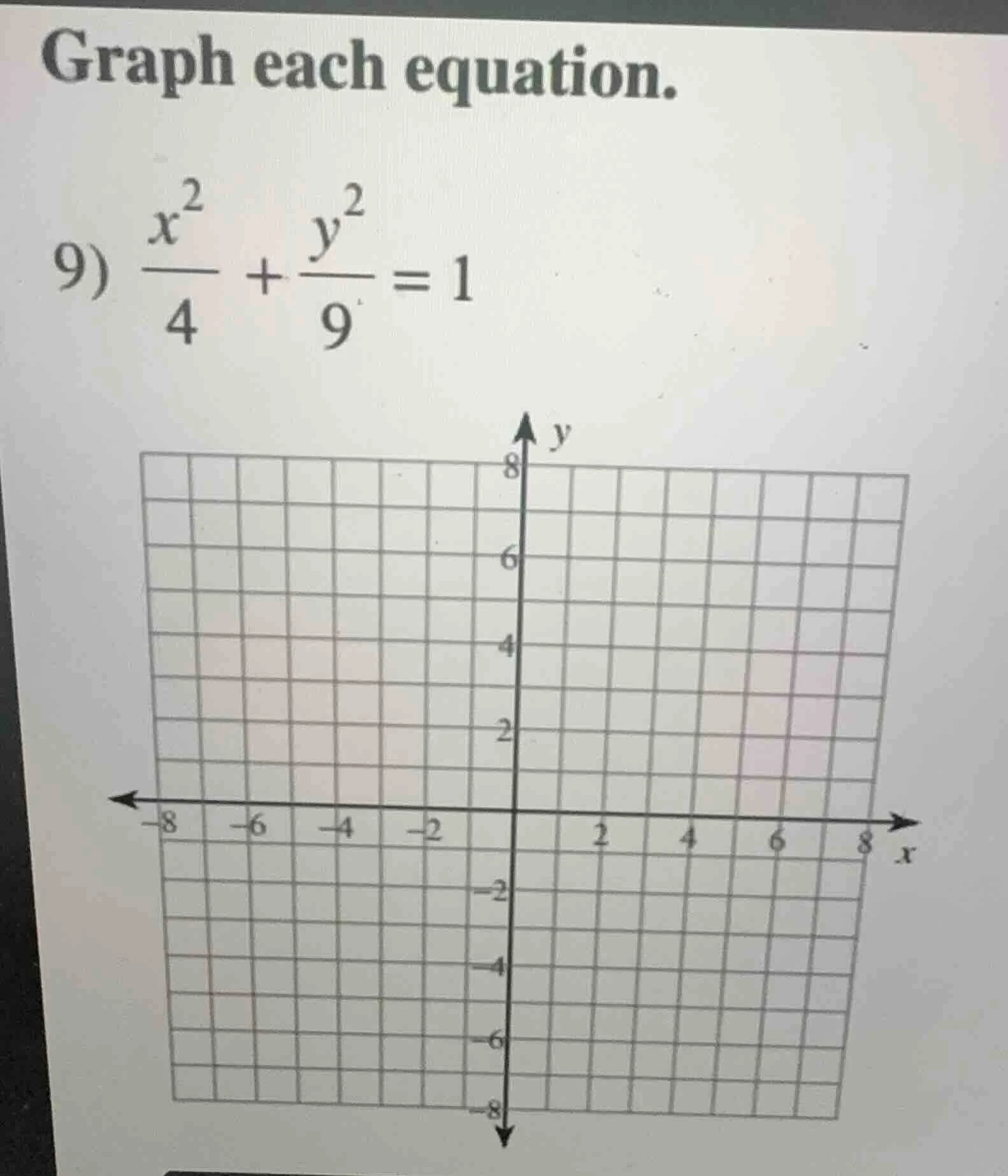 graph each equation. 9) \\(\\frac{x^2}{4} + \\frac{y^2}{9} = 1\\)