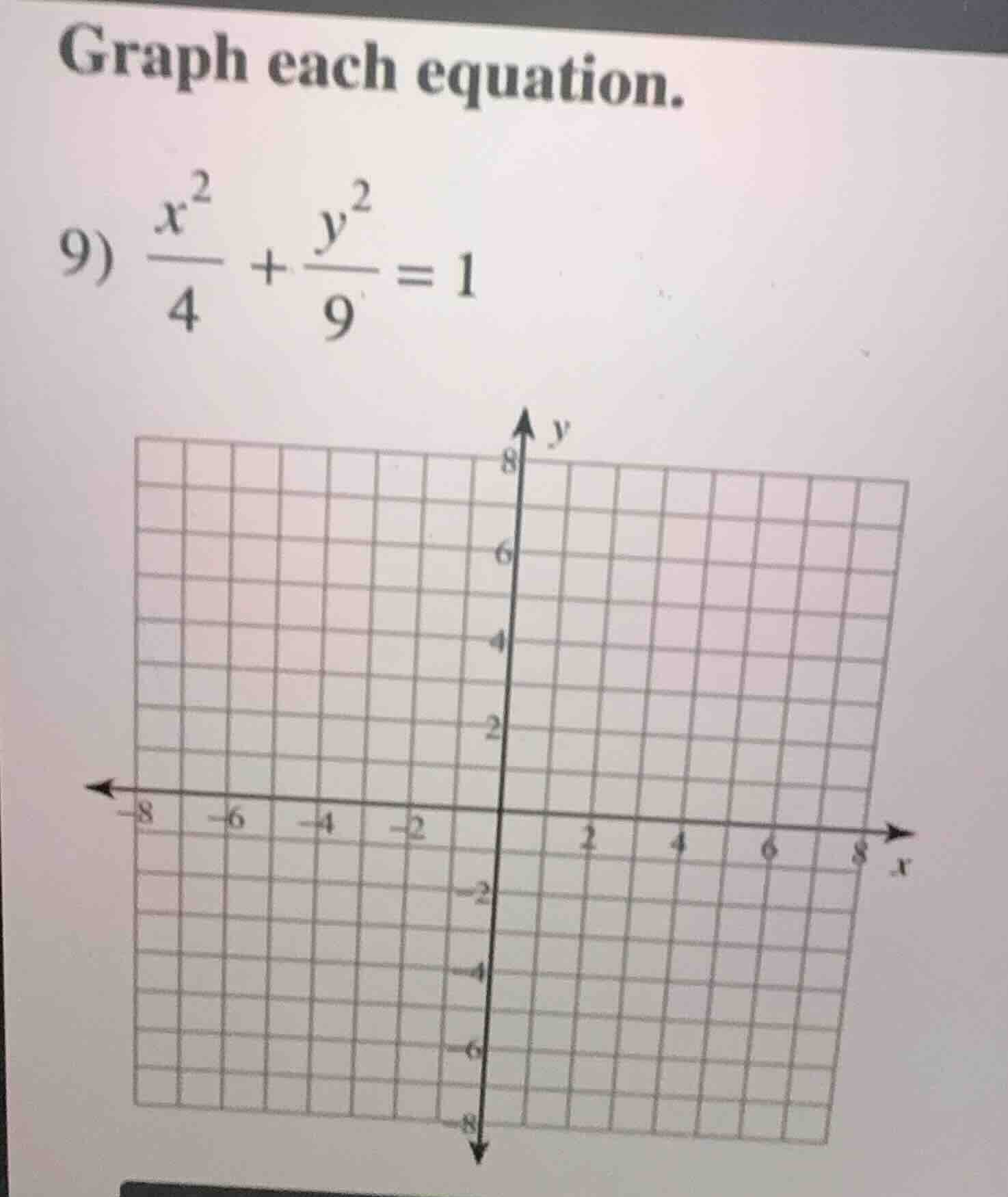 graph each equation. 9) \\(\\frac{x^2}{4} + \\frac{y^2}{9} = 1\\)