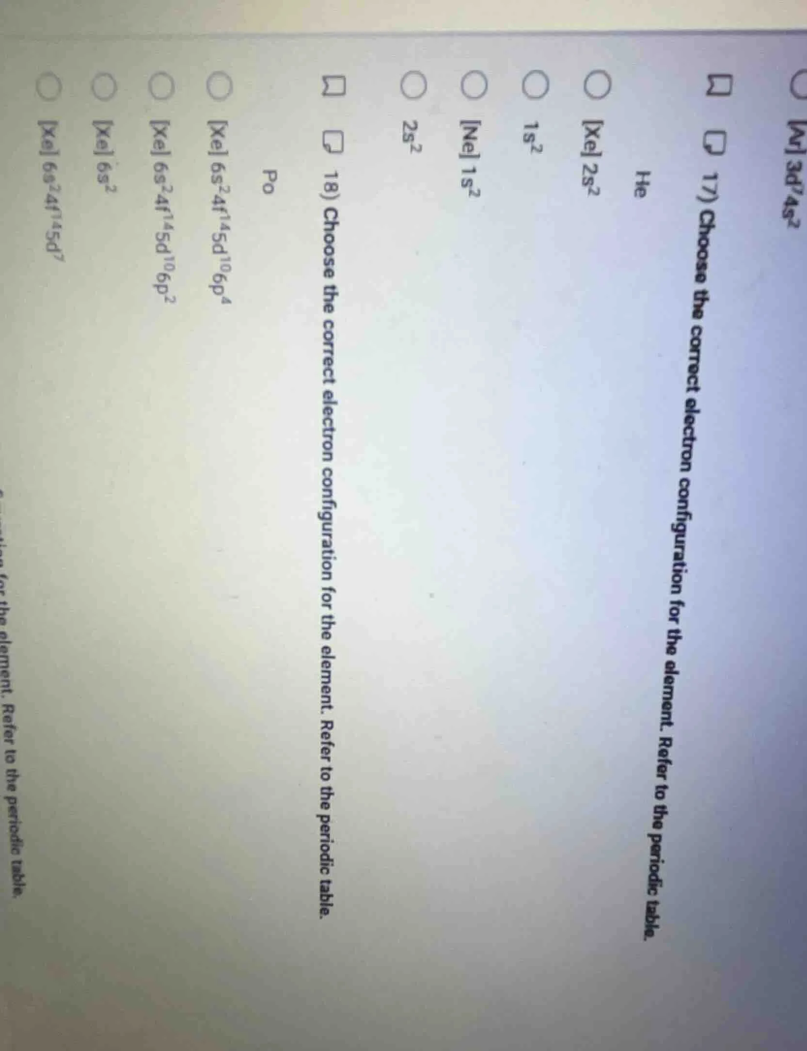 17) choose the correct electron configuration for the element. refer to…