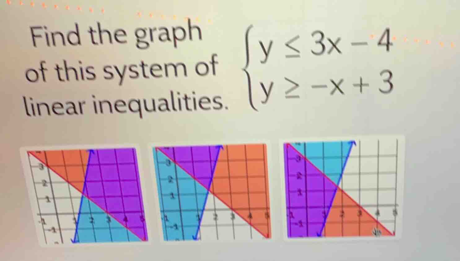find the graph of this system of linear inequalities. \\(\\begin{cases}…