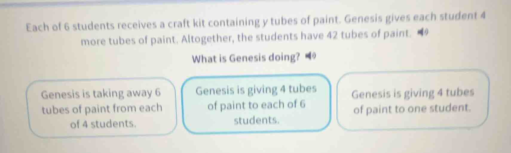 each of 6 students receives a craft kit containing y tubes of paint. ge…