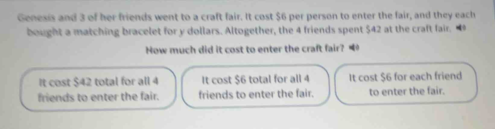 genesis and 3 of her friends went to a craft fair. it cost $6 per perso…