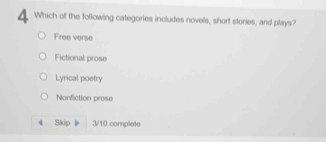 4 which of the following categories includes novels, short stories, and…