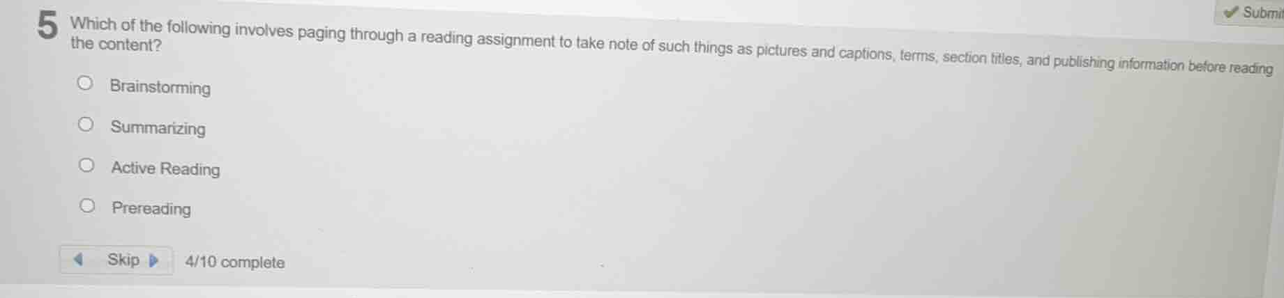 5 which of the following involves paging through a reading assignment t…