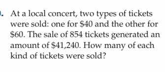 at a local concert, two types of tickets were sold: one for $40 and the…
