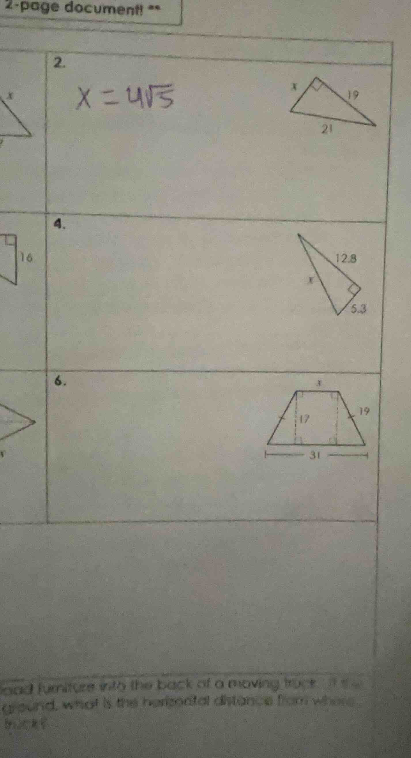 2. x = 4√5 4. 6. loaded furniture into the back of a moving truck...gro…