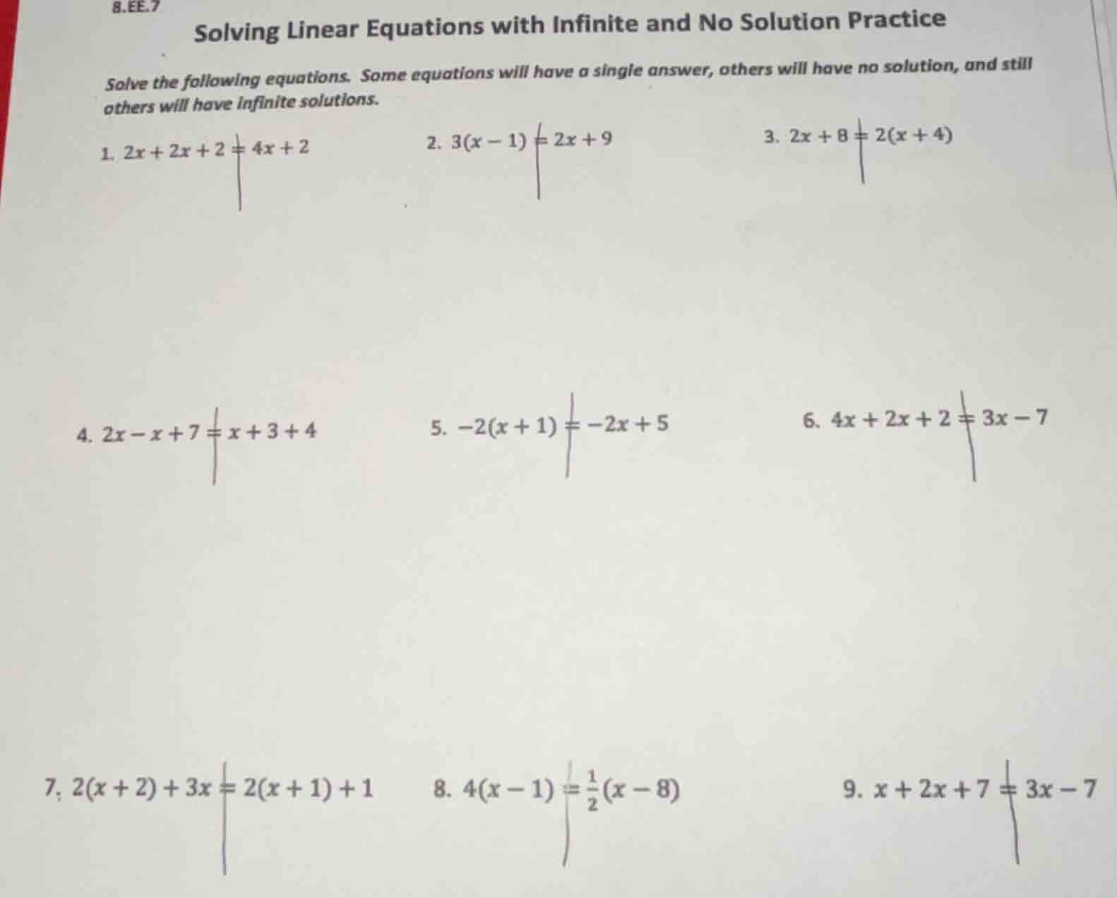 8.ee.7 solving linear equations with infinite and no solution practice …
