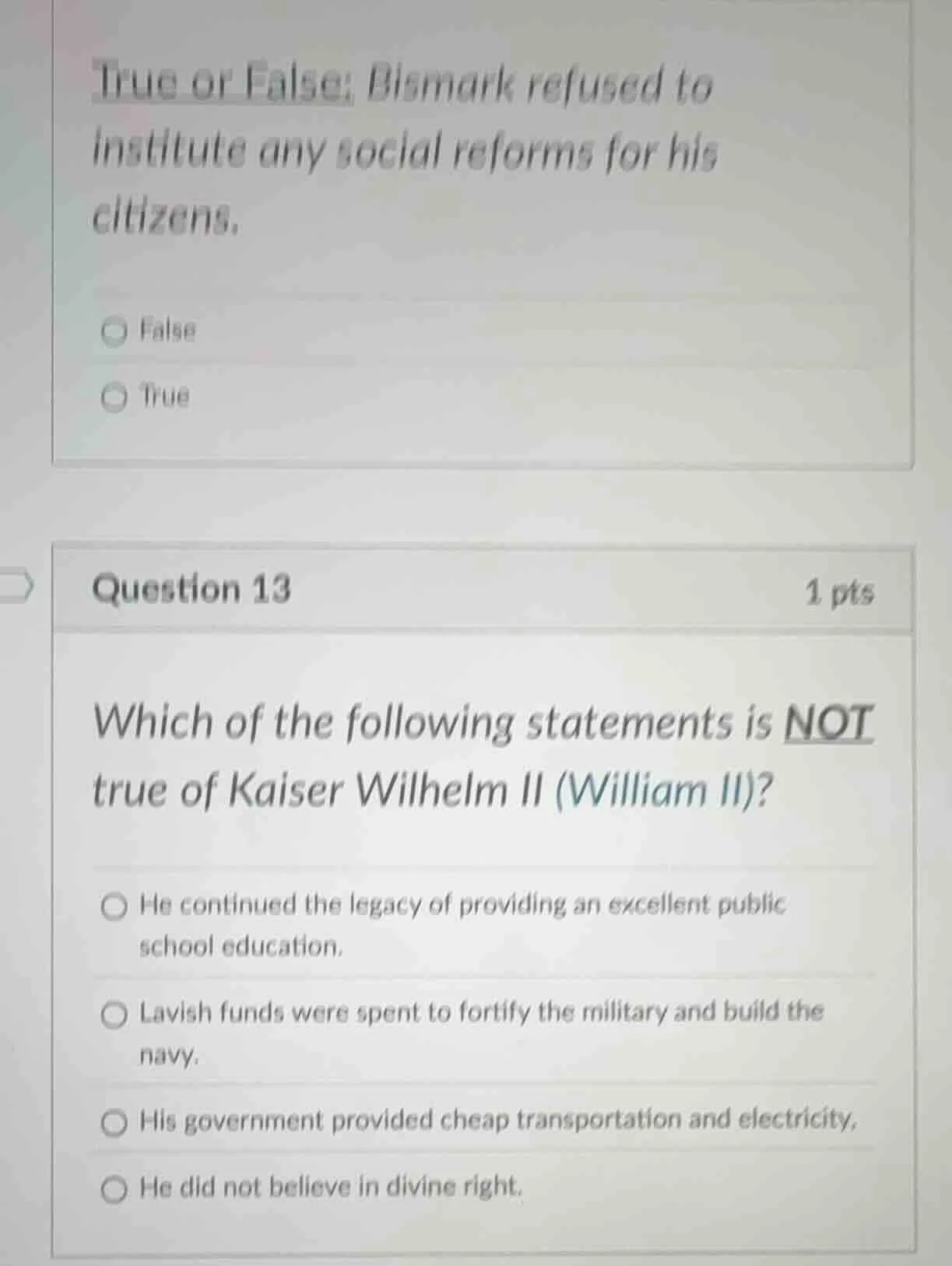 true or false: bismark refused to institute any social reforms for his …